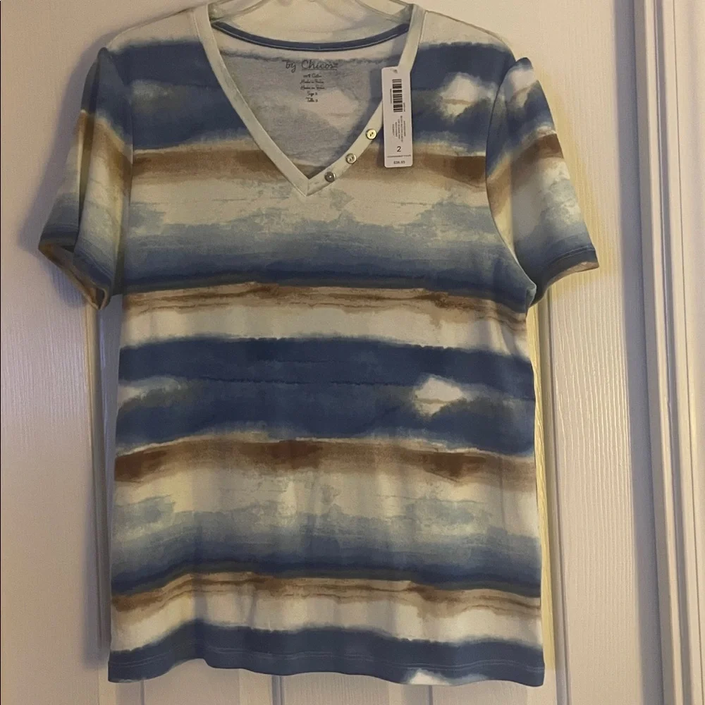 Chico’s Blue and Brown Striped V-Neck T-Shirt new Size L - Picture 3 of 4